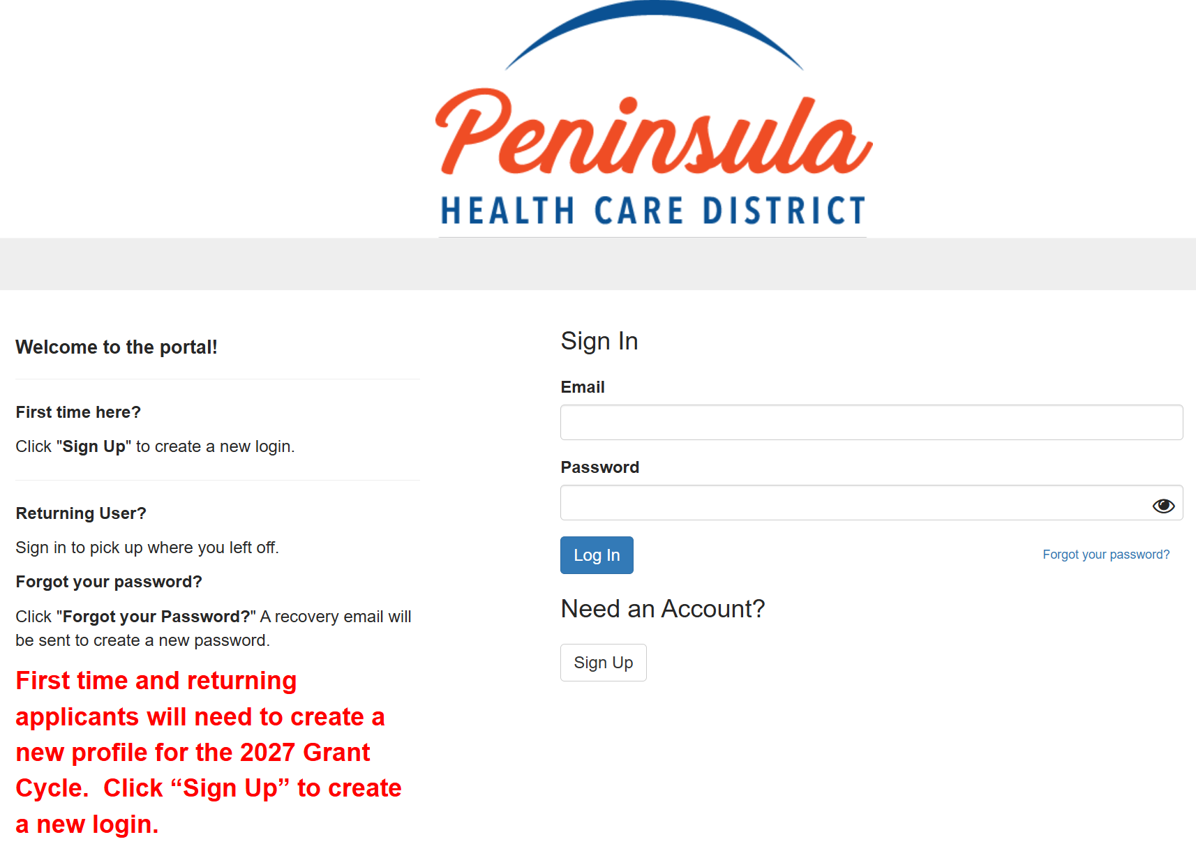 It's a login portal for the Peninsula Health Care District, prompting users to sign up or log in for the 2027 Grant Cycle.