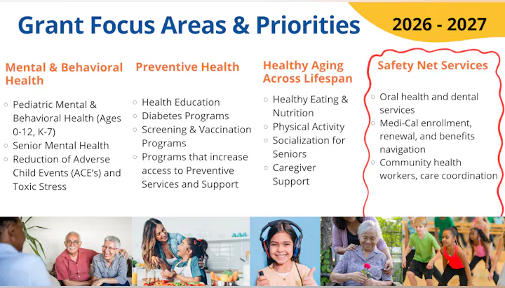 The image outlines grant focus areas for 2026-2027, including mental health, preventive health, healthy aging, and safety net services.