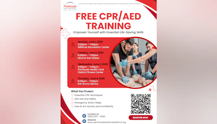 Free CPR/AED training sessions, June 1-4, 2026. Locations include Millbrae, San Mateo, Fitness Center, and San Bruno Library.