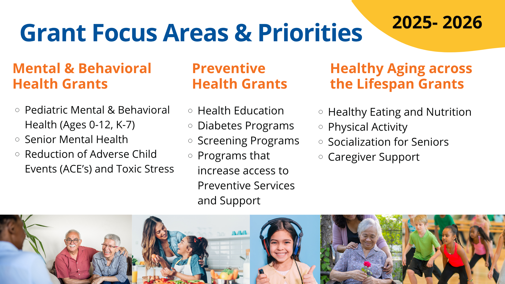 Grant focus areas 2025-2026: Mental & Behavioral Health, Preventive Health, Healthy Aging. Includes various related programs.