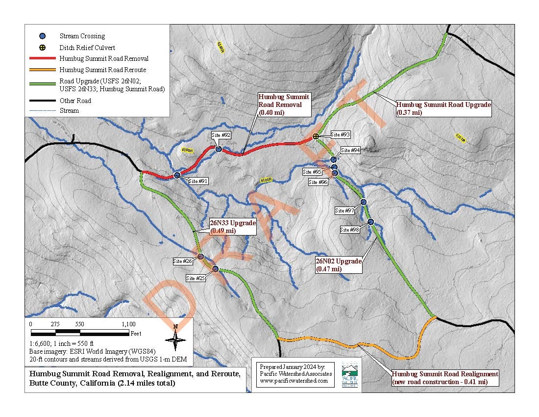 Map of Humbug Summit Road realignment, removal, and upgrades in Butte County, CA, showing roads, streams, crossings, and culverts.