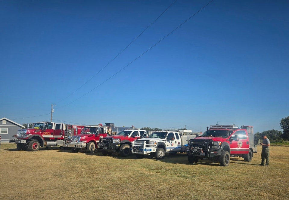 Fire trucks and emergency vehicles on a grass field with a person standing by.