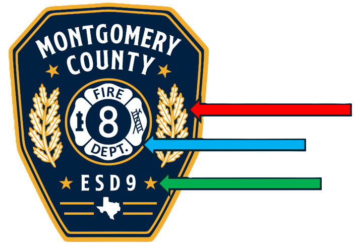 Badge of Montgomery County Fire Dept., featuring a shield, ladder, fire hydrant, number 8, and wheat stalks.