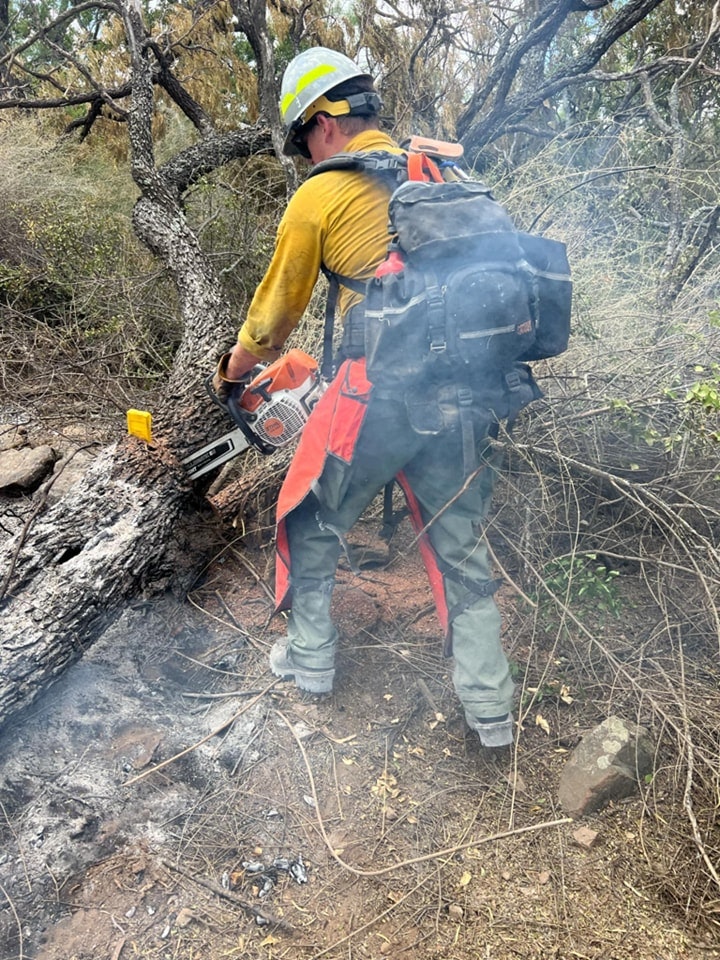 A person in wildfire gear with a chainsaw, working in a smoky wooded area.