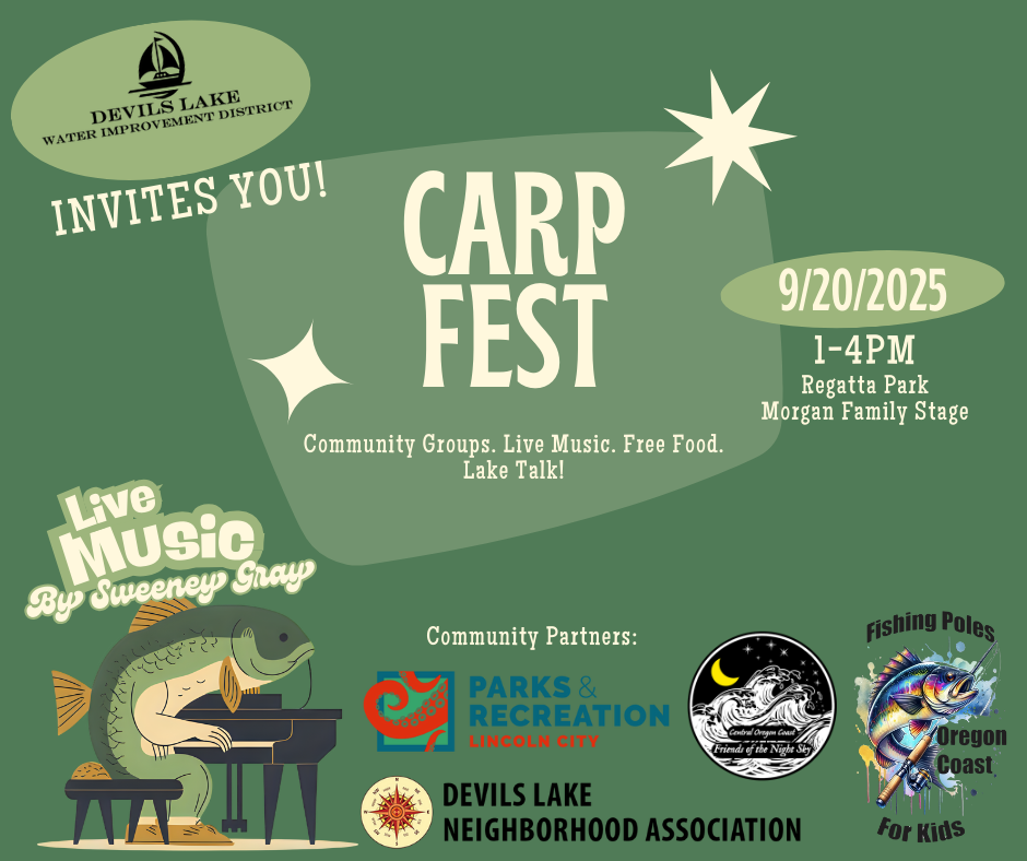 CARP FEST event invite: 9/20/2025, 1-4PM, Regatta Park. Live music, free food, community groups. Hosted by Devils Lake Water Improvement District.