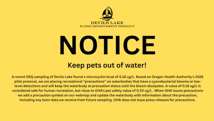 Notice warns to keep pets out of Devils Lake due to microcystin levels detected at 0.18 ug/L, close to health safety limits.
