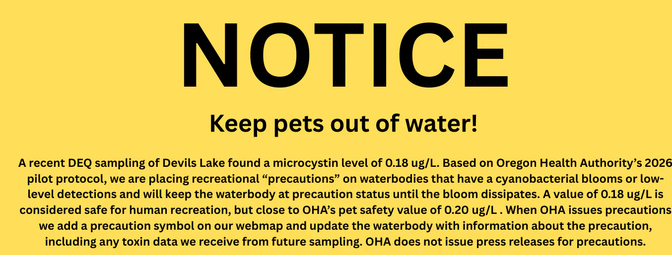 Notice warns to keep pets out of Devils Lake due to microcystin levels detected at 0.18 ug/L, close to health safety limits.