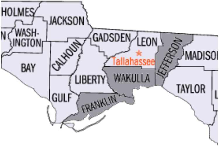 Map of the Florida big bend area showing county lines. Franklin, Wakulla, and Jefferson counties are highlighted.