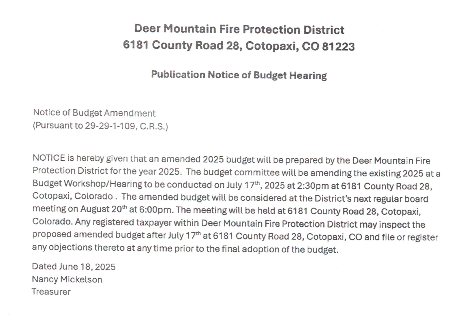Deer Mountain Fire District budget amendment hearing on July 17, 2025, at 6181 County Rd 28, Cotopaxi, CO.