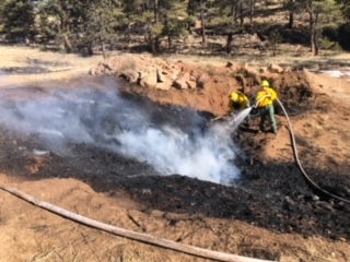 Firefighters are extinguishing a smoldering area with a hose in a forested environment.