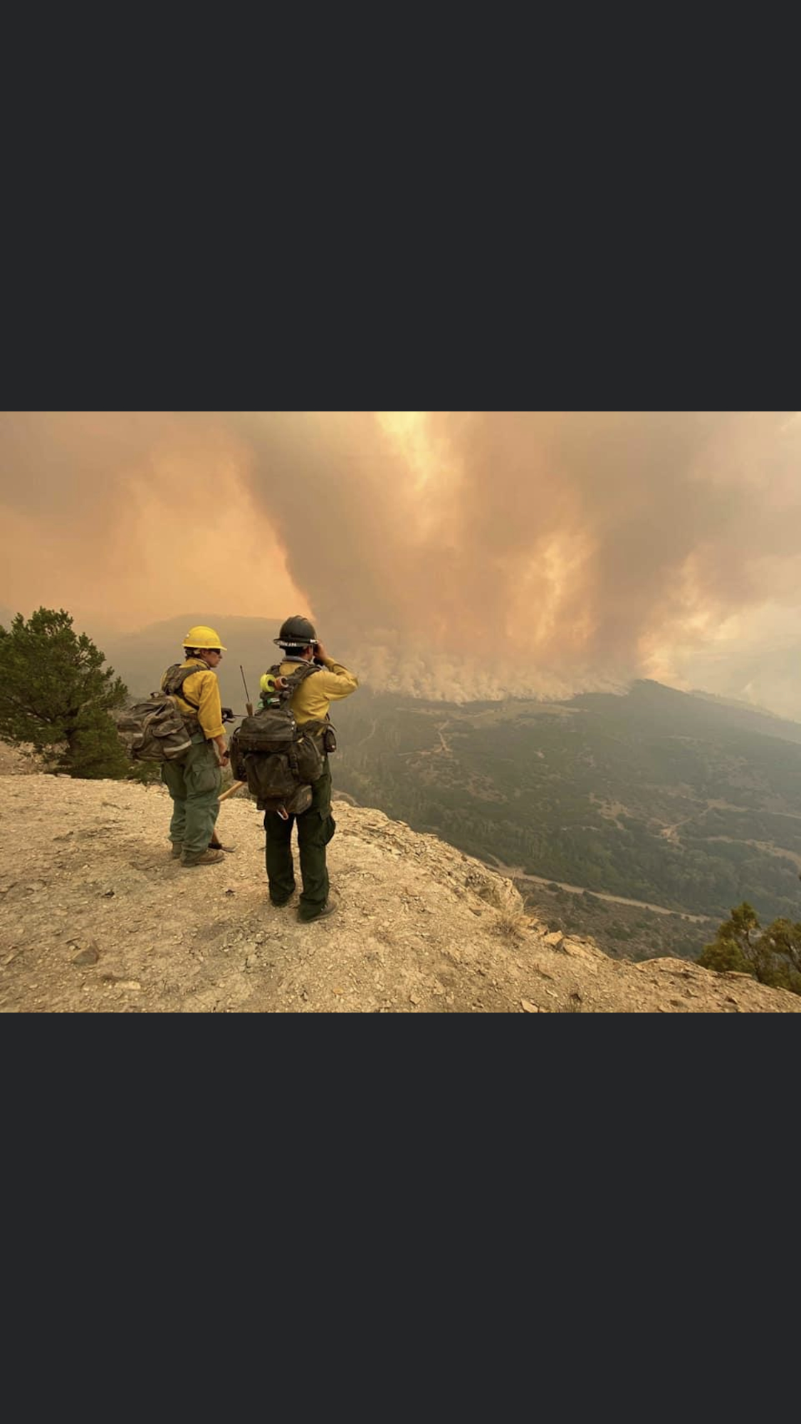 Two firefighters observe a large wildfire from a hilltop, with smoke-filled skies above the treeline.