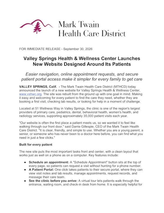 Valley Springs Health & Wellness Center launches a new patient-friendly website for easier navigation and appointment requests.