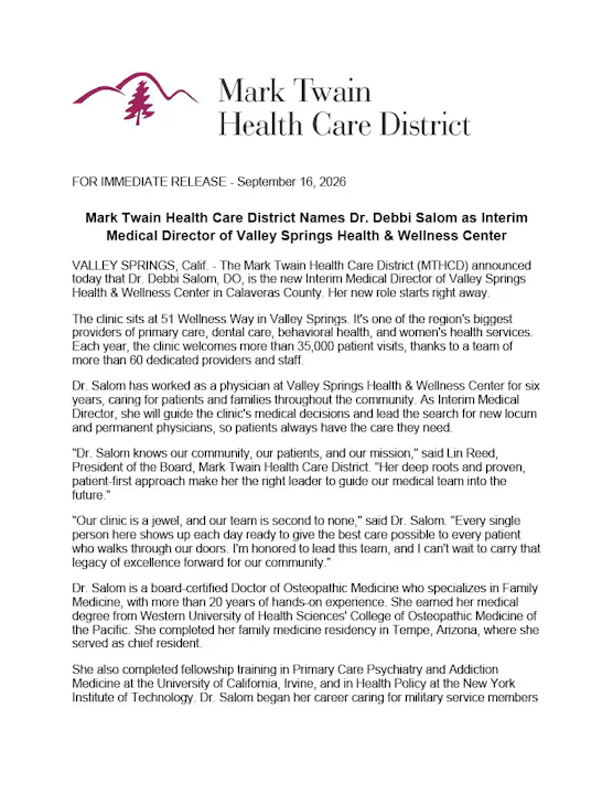 Dr. Debbi Salom is named Interim Medical Director of Valley Springs Health & Wellness Center, effective immediately.