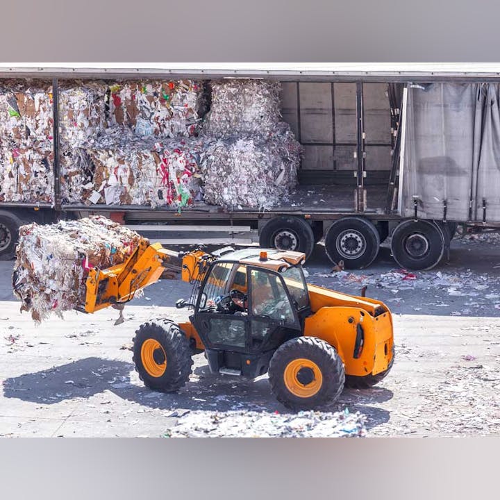 A forklift carrying a bale of recycled materials near a truck.