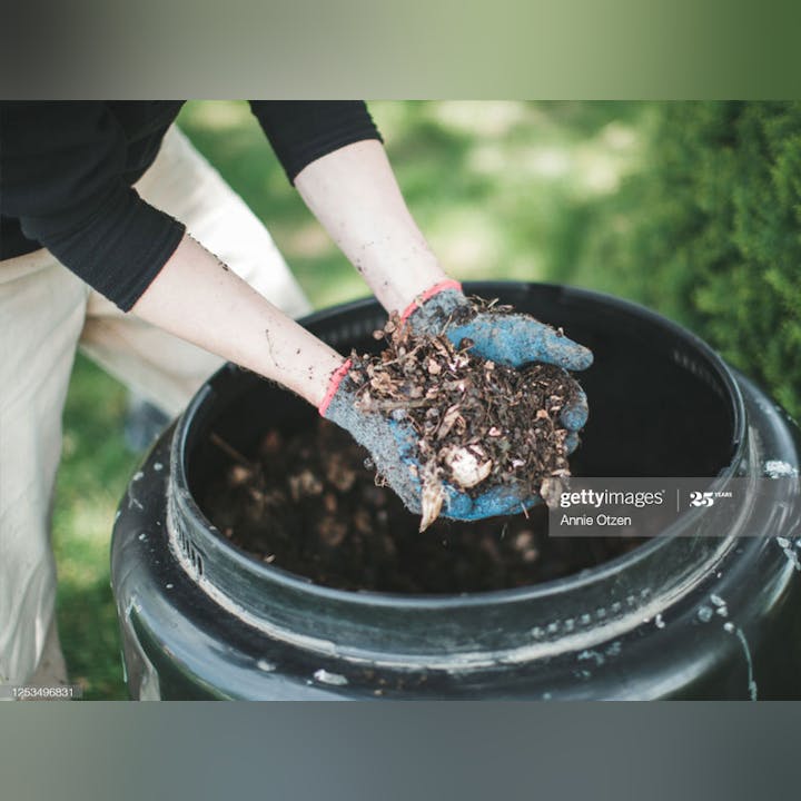 Hands wearing gloves holding compost soil above a bin.