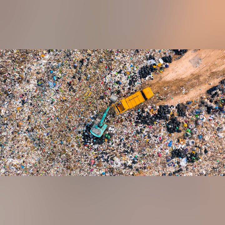 A landfill with waste, an excavator, and a yellow truck from above.