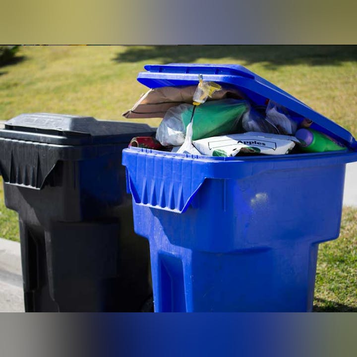 Overflowing blue recycling bin next to a black trash can on grass.