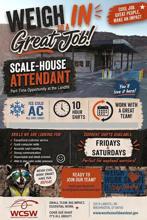 Job opportunity for part-time Scale-House Attendant at a landfill. Shifts on Fridays and Saturdays. Fun team environment!