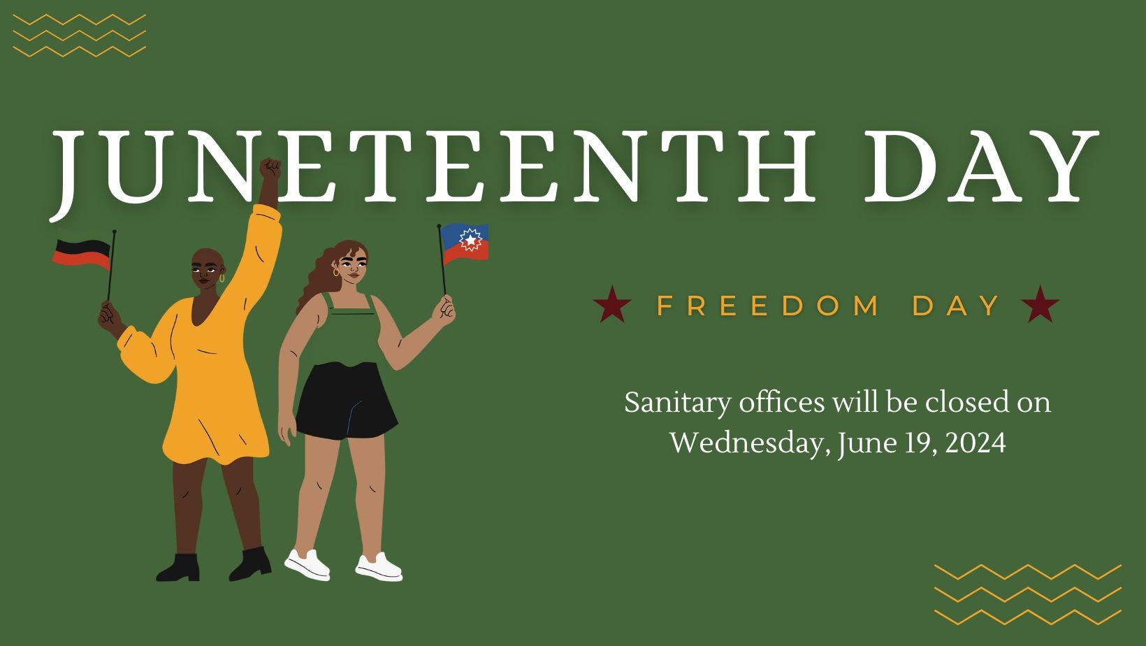 Illustration for Juneteenth Day with two people holding flags, titled "Freedom Day," and a notice saying sanitary offices are closed on June 19, 2024.