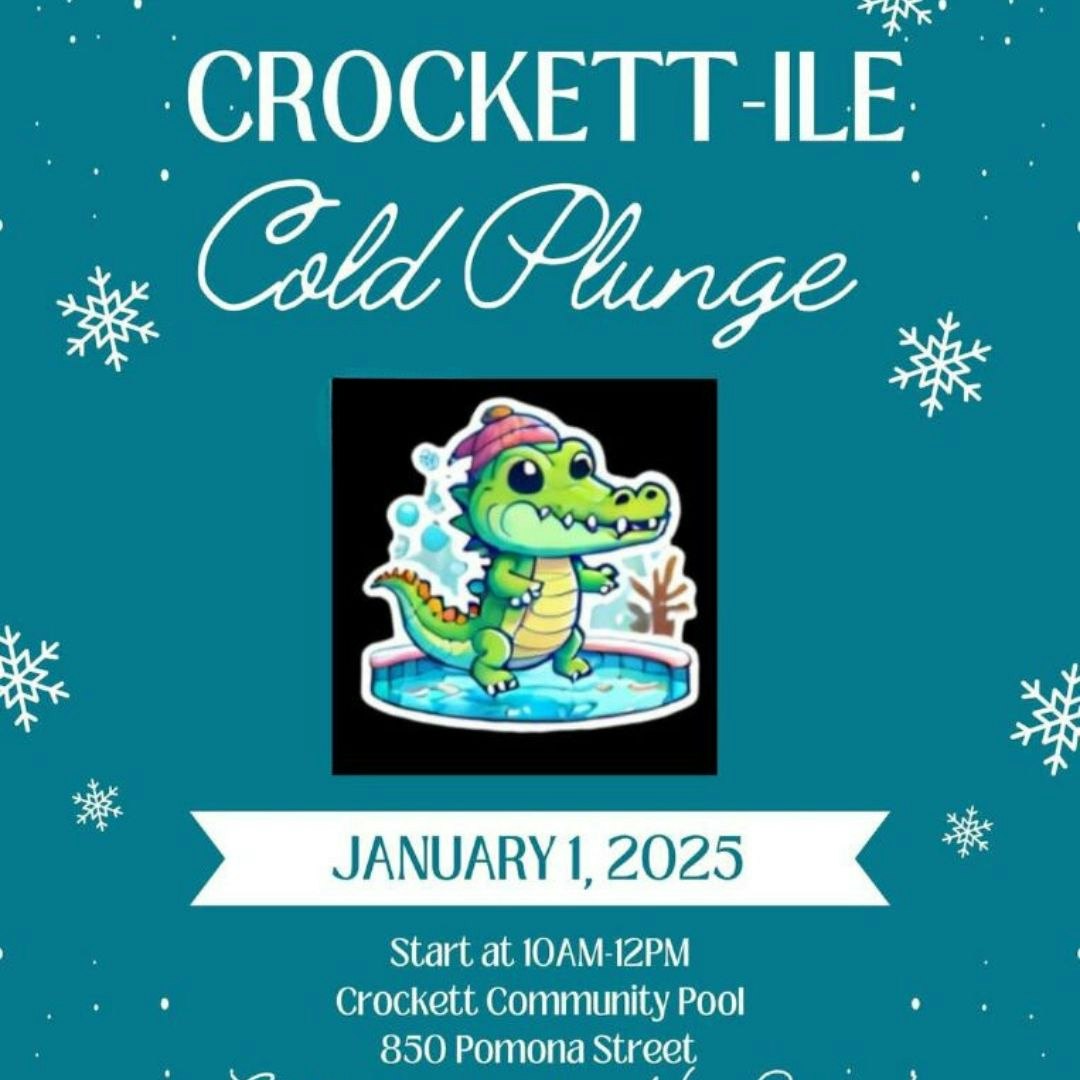 Crockett-Ile Cold Plunge event on January 1, 2025, 10AM-12PM at Crockett Community Pool, 850 Pomona Street. Featuring a cartoon alligator.