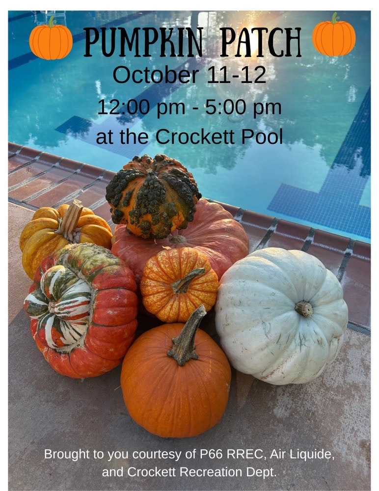 Pumpkin Patch event on October 11-12, 12-5 pm at Crockett Pool. Brought by P66 RREC, Air Liquide, and Crockett Recreation Dept.