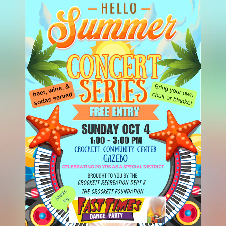 Join the free Summer Concert Series at Crockett Community Center on Oct 4, 1-3 PM. Bring chairs/blankets. Enjoy drinks & live music!