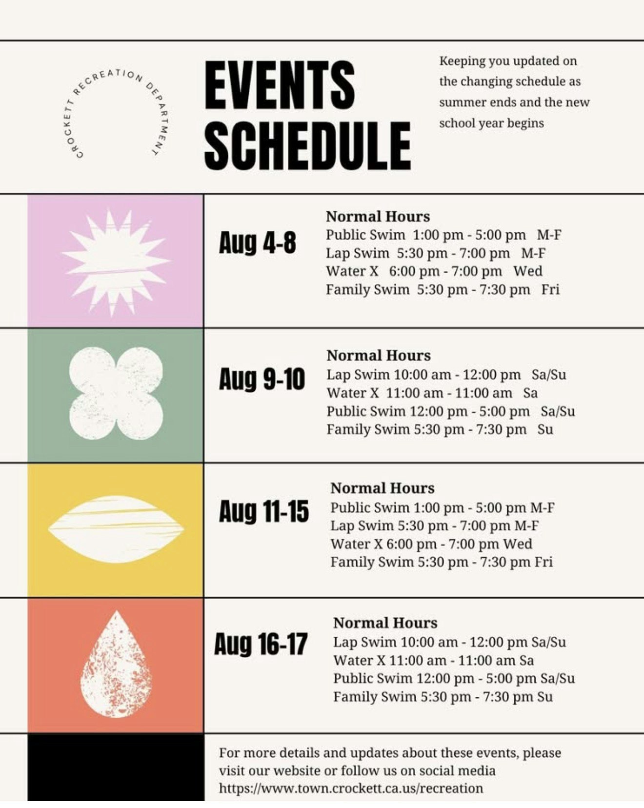 Crockett Recreation Department event schedule with dates and swim hours for August 4-17.
