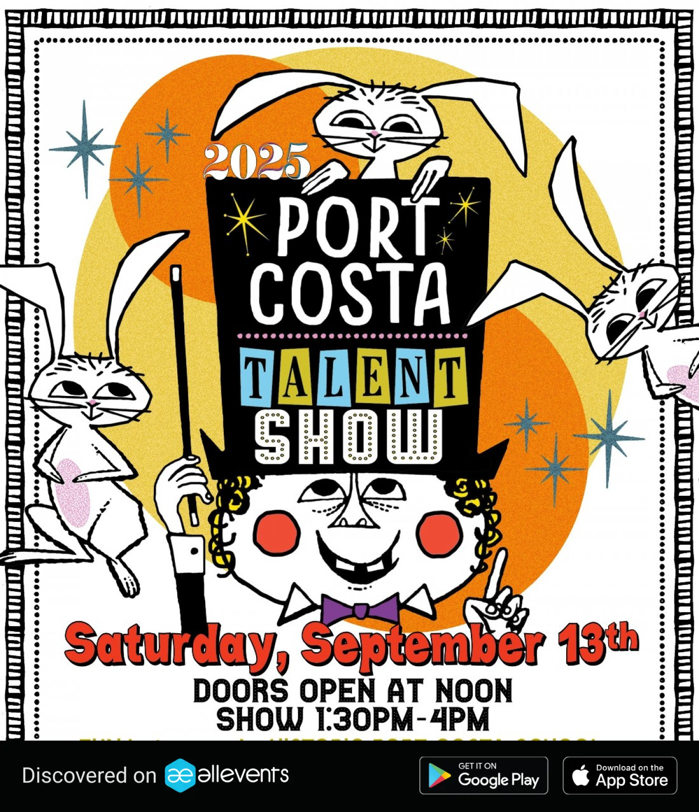 Port Costa Talent Show poster for September 13, 2025, 1:30-4PM. Doors open at noon. Cartoon rabbits and a magician depicted.