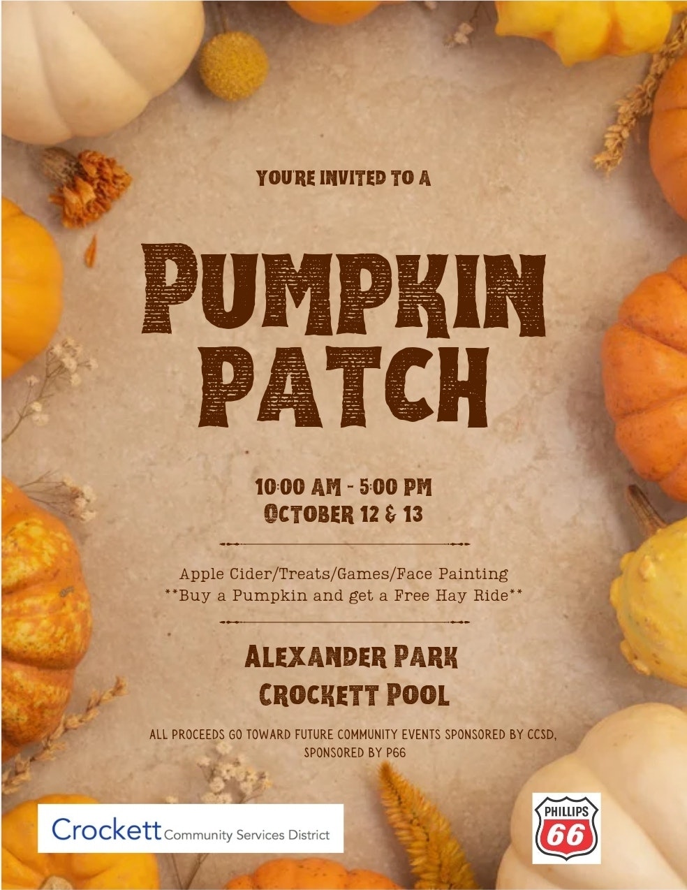 Invitation to a pumpkin patch event with activities like games, treats, and face painting at Alexander Park on October 12 & 13.