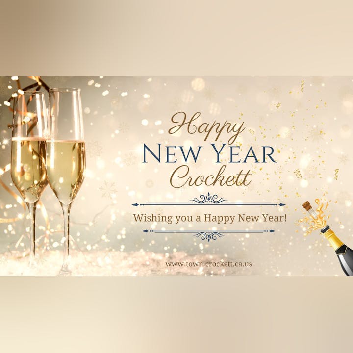 A festive New Year greeting for Crockett, featuring champagne glasses and celebratory elements. Wishing everyone a Happy New Year!