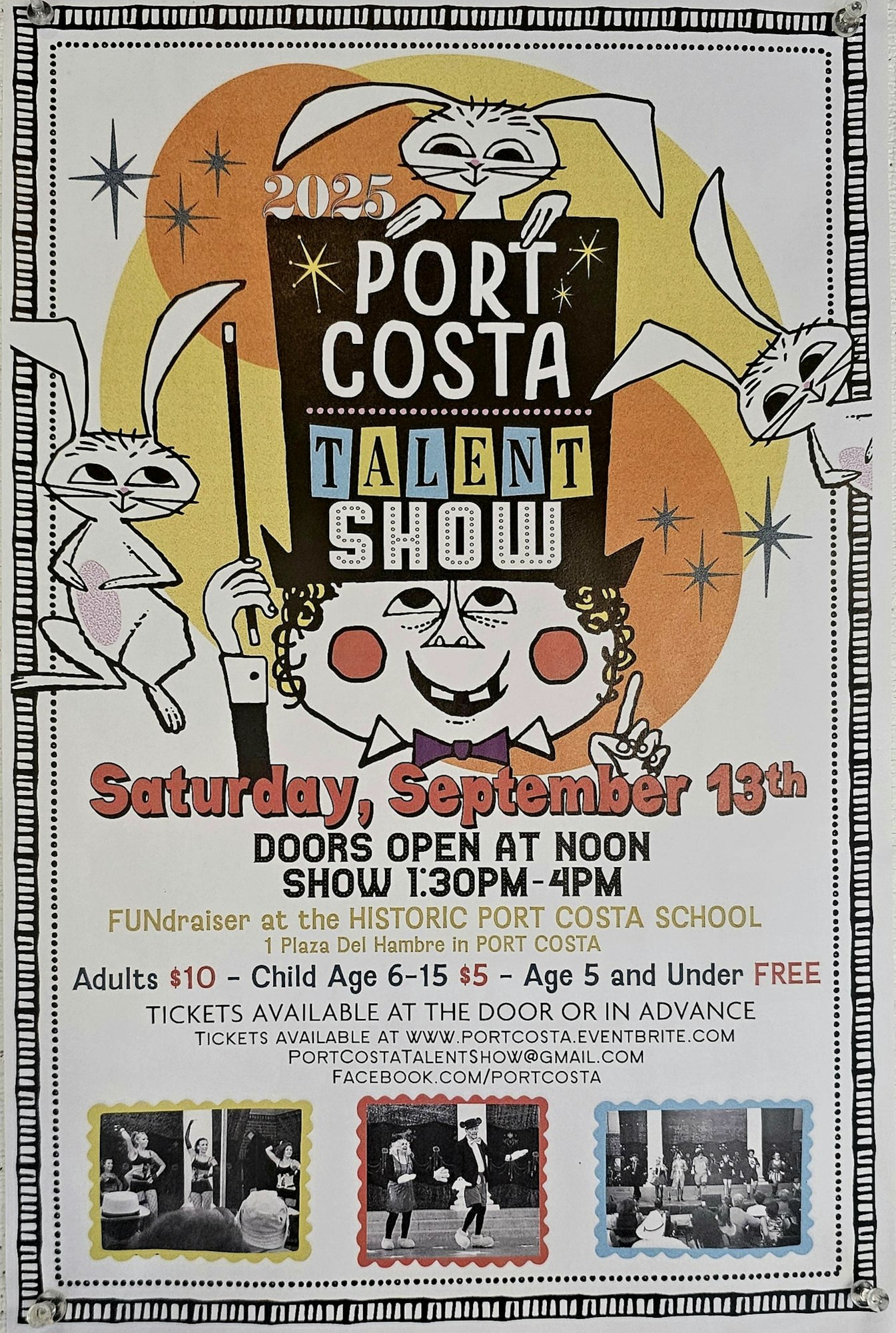 Port Costa Talent Show poster for a fundraiser on Saturday, September 13th, 2025. Showtime 1:30 PM-4 PM. Tickets at the door or online.