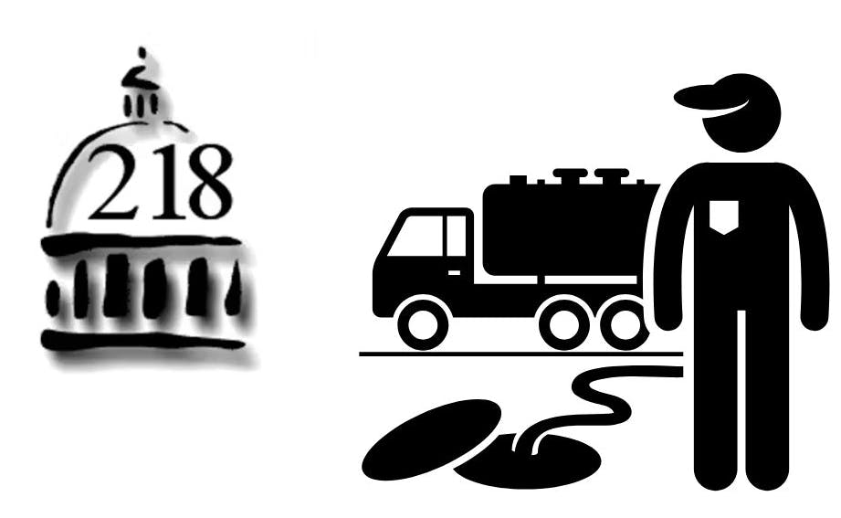 A stylized Capitol building with "218" and a graphic of a person, a truck, and spilled oil.