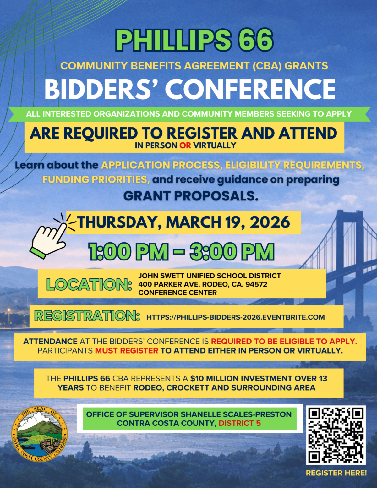 Phillips 66 Bidders' Conference for CBA grants on March 19, 2026, 1-3 PM, at John Swett USD. Register online to attend.