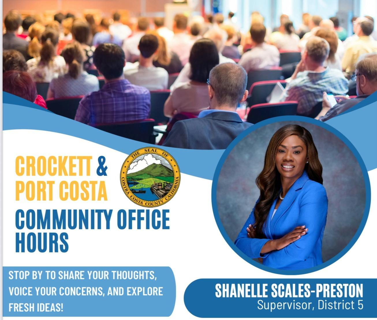 Community office hours flyer for Crockett & Port Costa with Supervisor Shanelle Scales-Preston, July 29, 2025, 1-3 PM, Crockett Community Center.