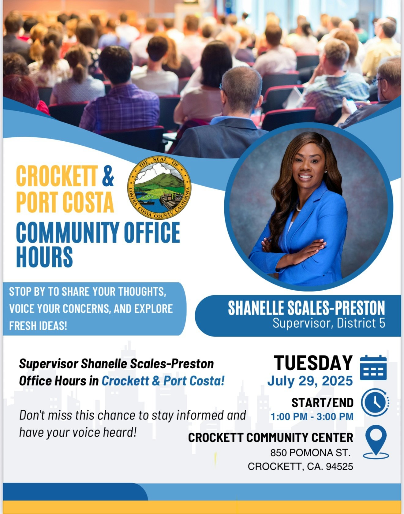 Community office hours flyer for Crockett & Port Costa with Supervisor Shanelle Scales-Preston, July 29, 2025, 1-3 PM, Crockett Community Center.