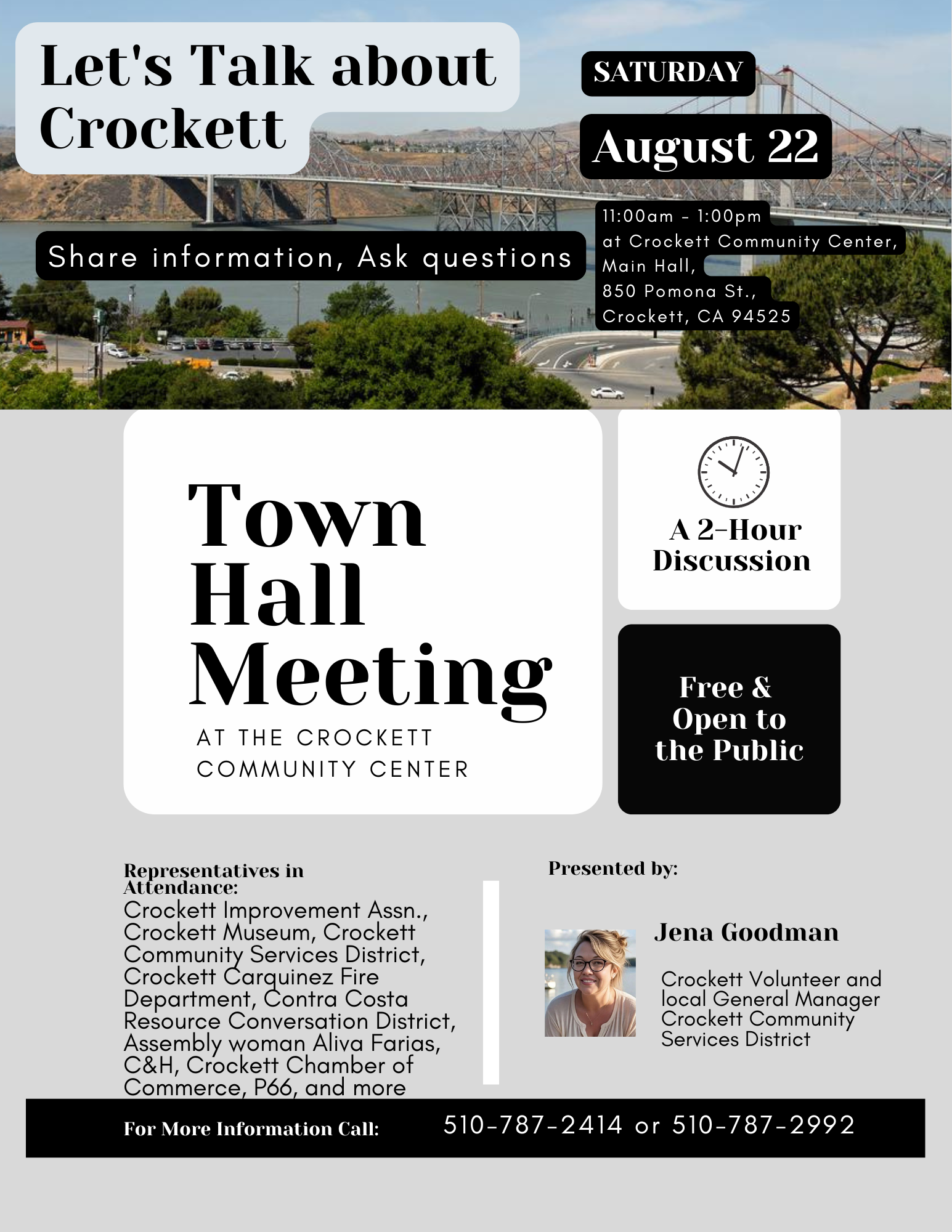 Town Hall meeting in Crockett on August 22, 11am-1pm at Community Center. Free and open to the public. Call for info.
