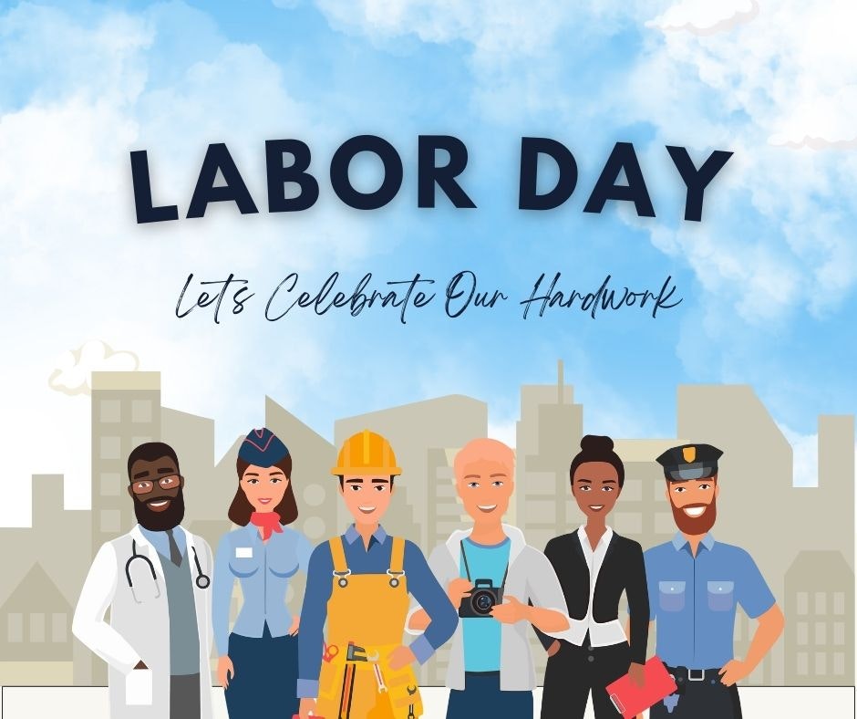 Labor Day graphic with diverse professions: doctor, flight attendant, construction worker, photographer, businesswoman, police officer.