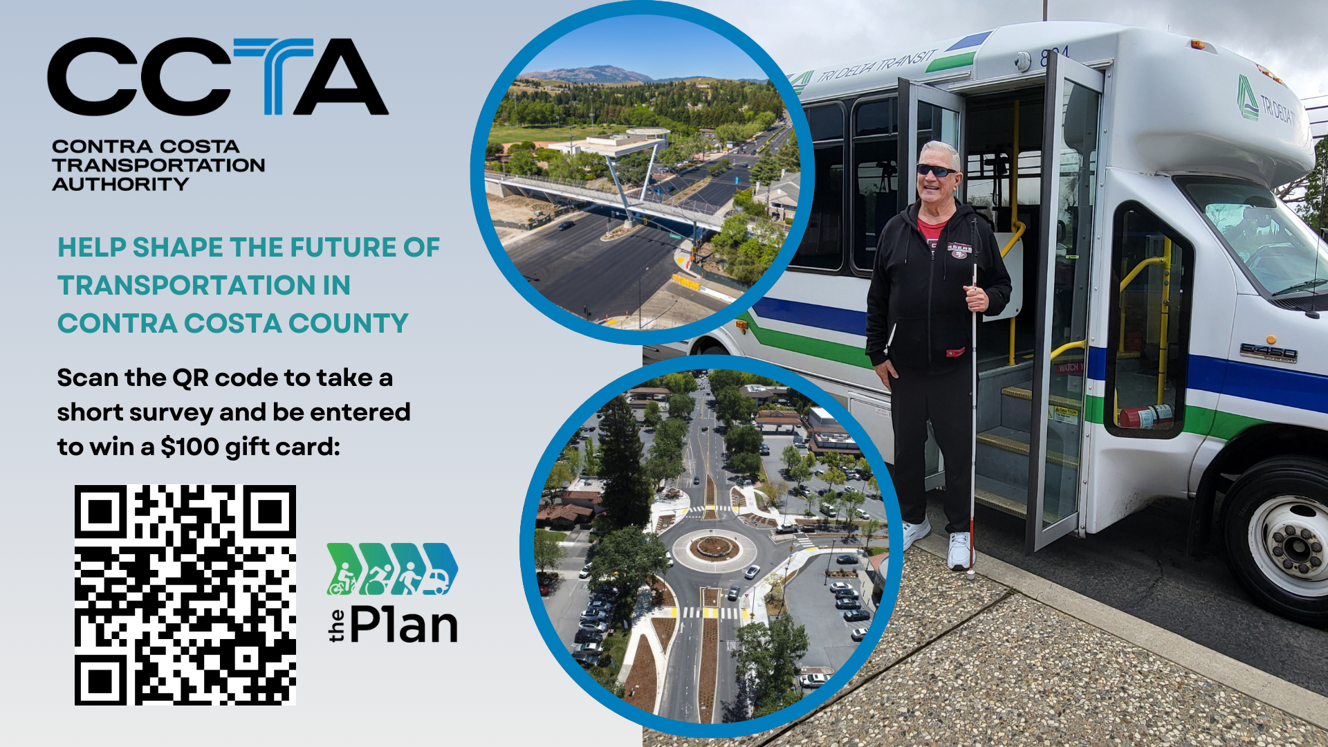 CCTA invites participation in a survey to shape transportation in Contra Costa County, offering a chance to win a $100 gift card.