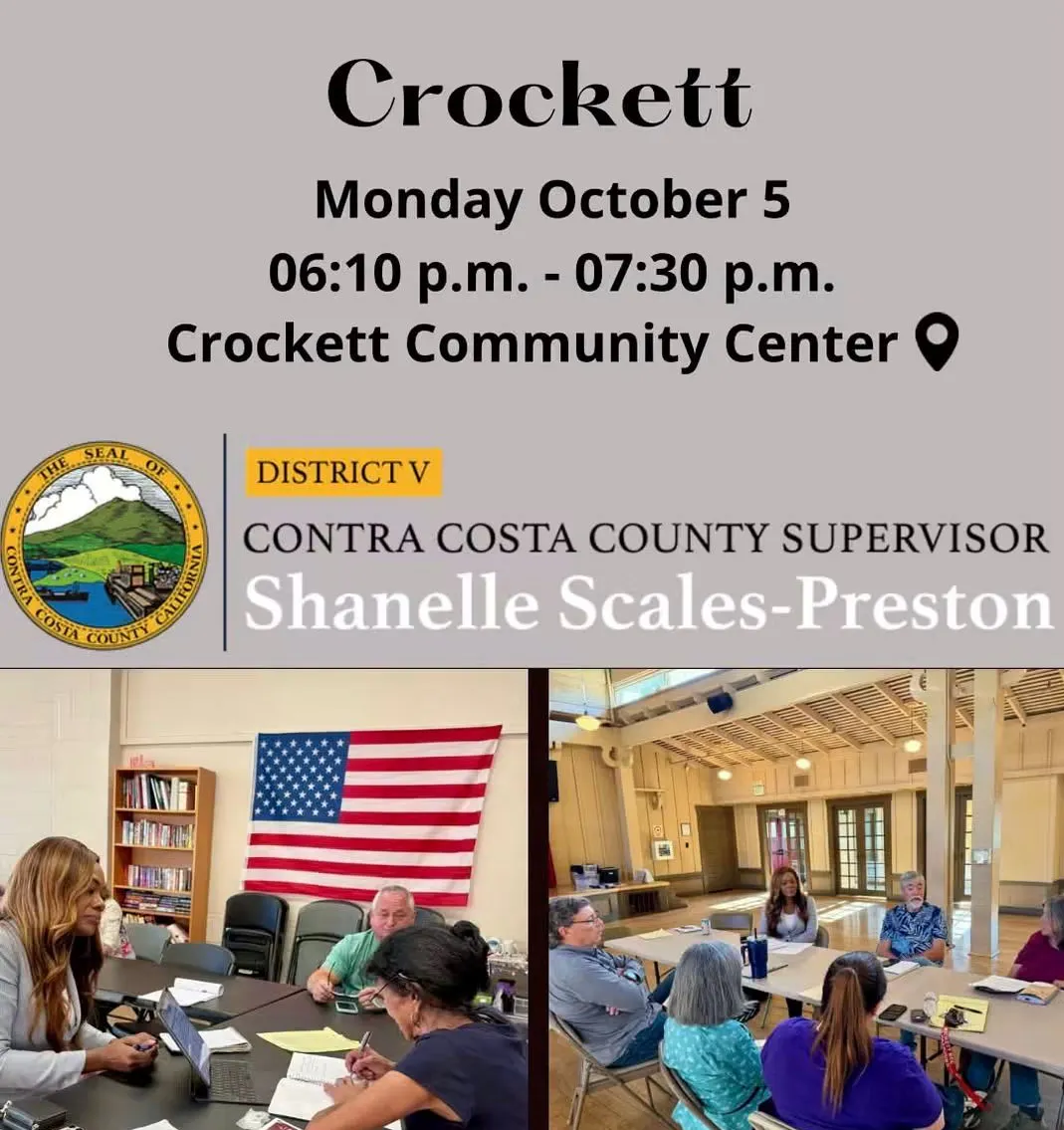 Image shows office hours for District V: Crockett on Oct 5, 6:10-7:30 p.m.