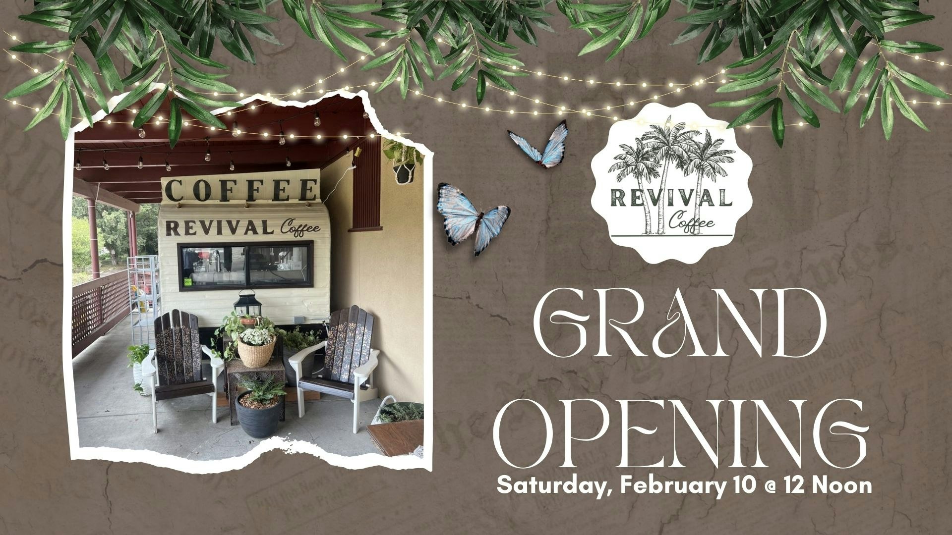 Coffee shop's grand opening advertisement with date and time, outdoor seating showcased.