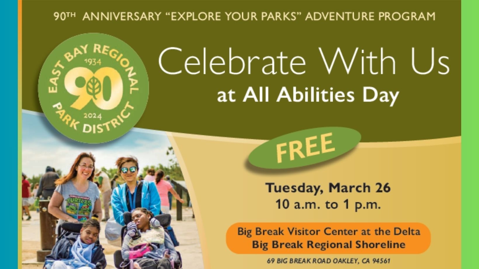 An event flyer for "All Abilities Day" with people smiling, details of date, time, and location included.