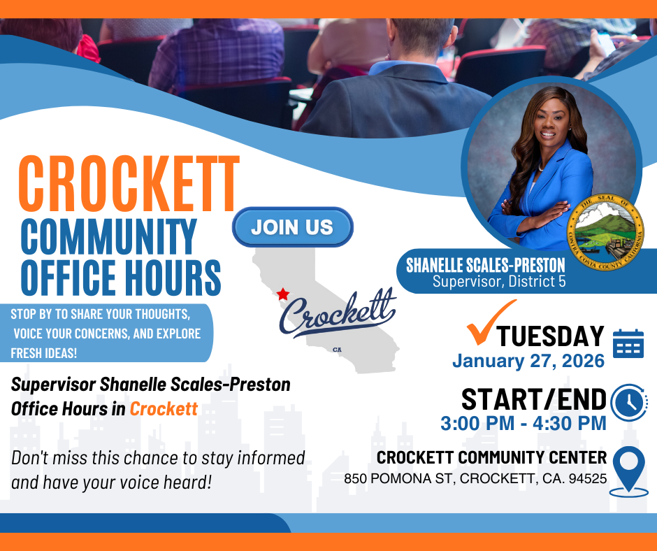 Crockett Community Office Hours with Supervisor Shanelle Scales-Preston on Jan 27, 2026, from 3:00 to 4:30 PM at the Community Center.