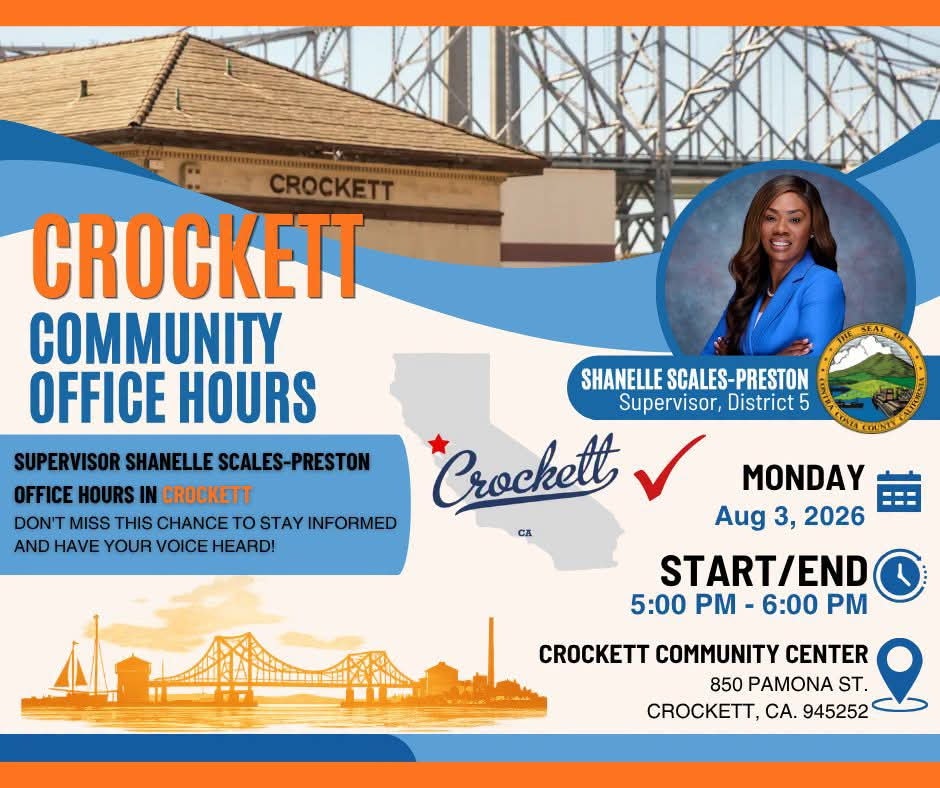 Crockett Community Office Hours with Supervisor Shanelle Scales-Preston on Aug 3, 2026, from 5-6 PM at Crockett Community Center.