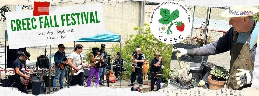 A collage promoting CREEC Fall Festival with a band performing and a person potting plants.