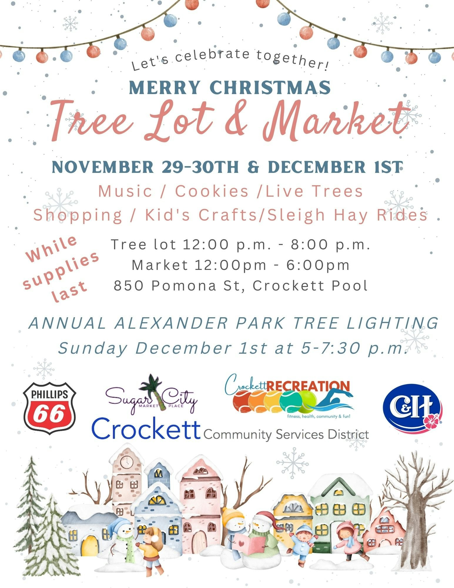 A flyer for a Christmas Tree Lot & Market event with dates, activities, sponsors, and cute winter illustrations.