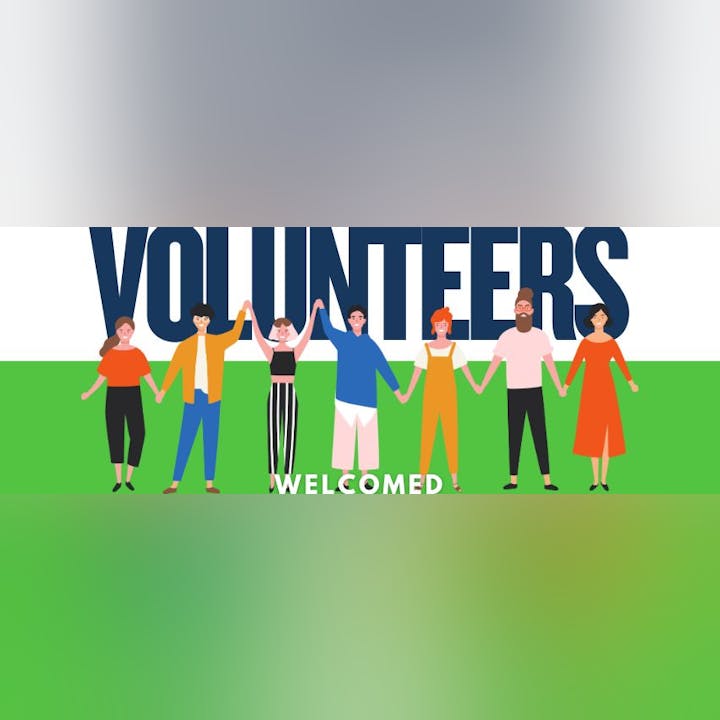 Illustration of diverse people holding hands with the text "VOLUNTEERS WELCOMED" in the background.