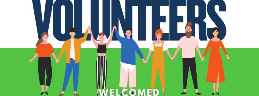 Illustration of diverse people holding hands with the text "VOLUNTEERS WELCOMED" in the background.