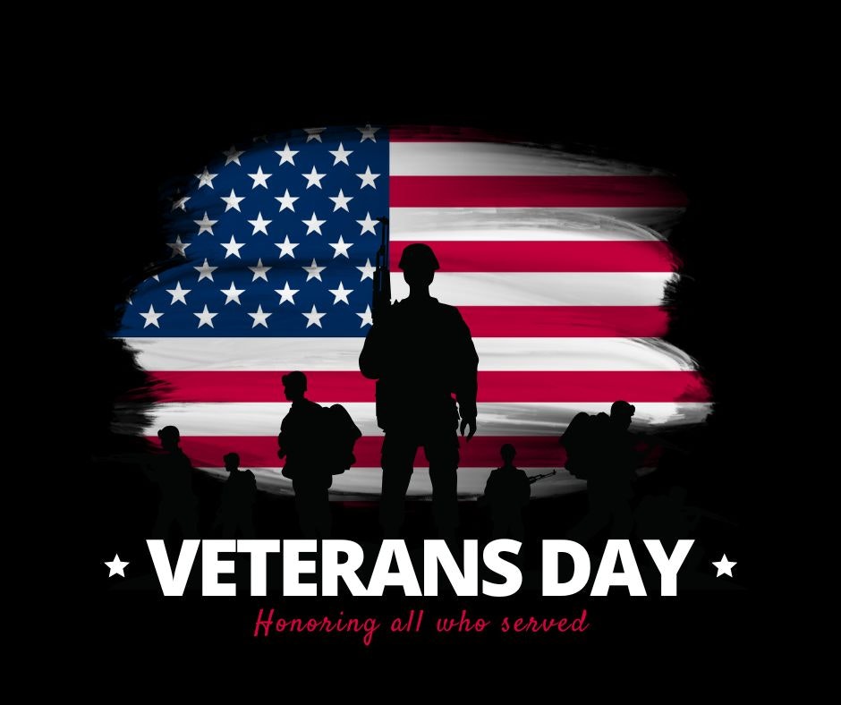 Silhouettes of soldiers in front of a U.S. flag with "Veterans Day: Honoring all who served" text below.