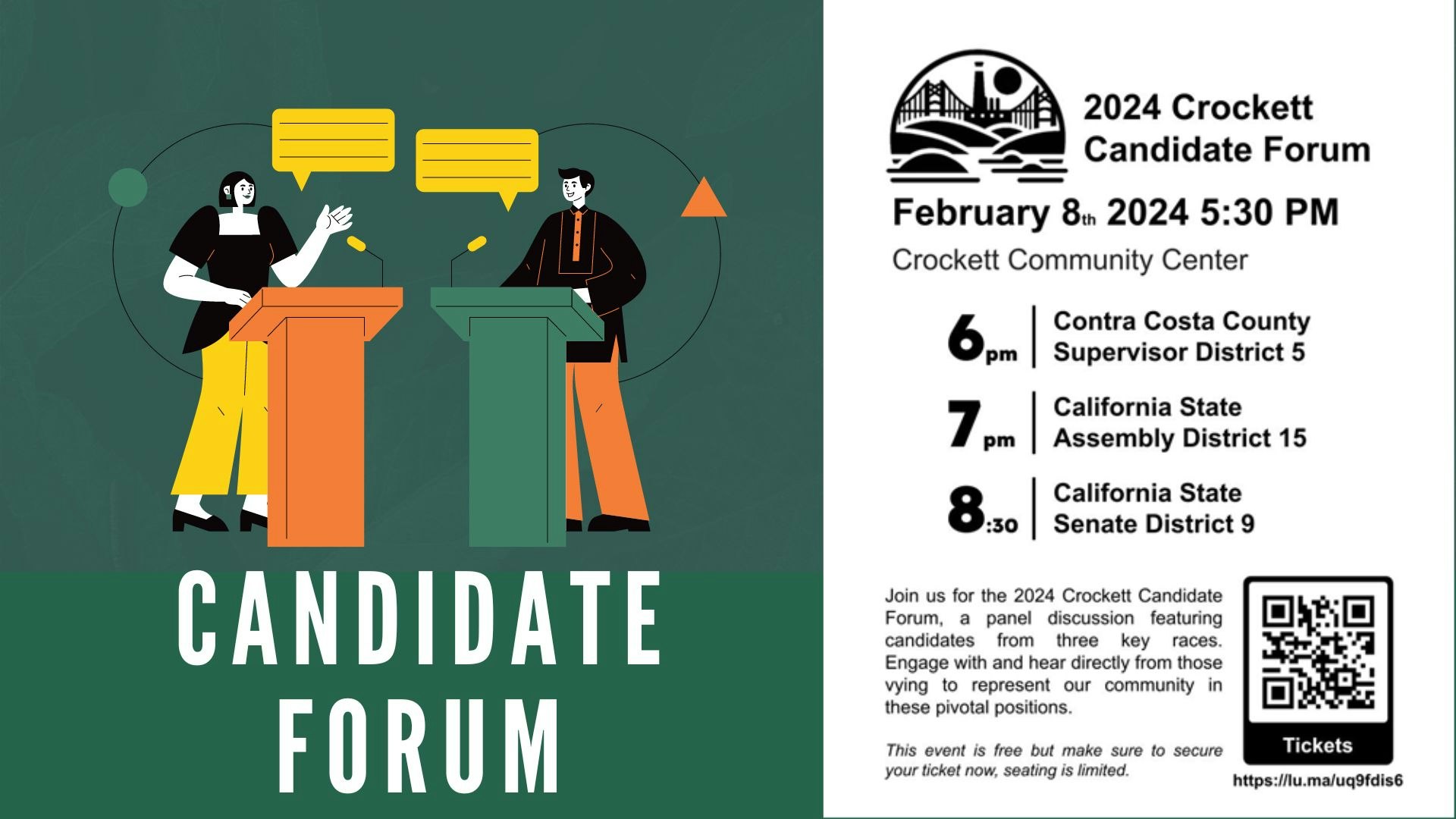 An advertisement for a 2024 political candidate forum with stylized illustrations of debaters and event details.