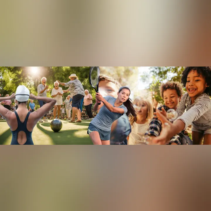 The image features diverse groups engaging in activities: a swimmer, a tennis player, and joyful scenes of people celebrating and playing.
